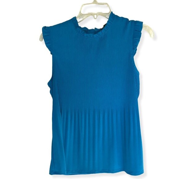 Adrianna Papell Ruffled Neck and Sleeve Mini Pleat Blouse Size Medium in Aqua - Picture 1 of 11